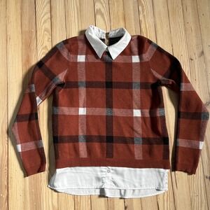 Tahari Womens Rust Orange Plaid Layered Sweater Small Collared academia preppy